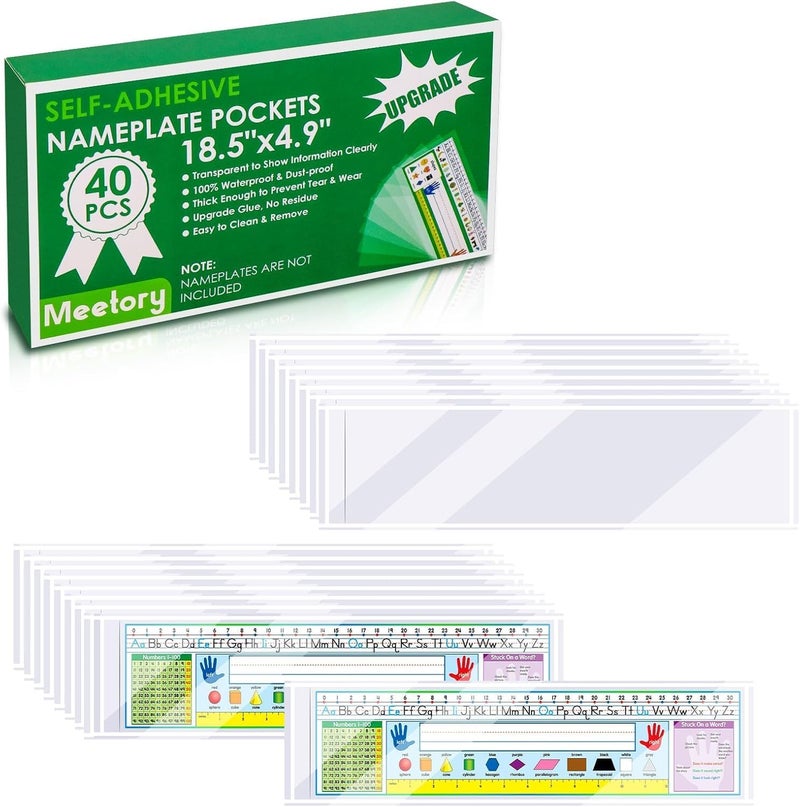 Meetory 40 PCS Upgraded Nameplate Pocket, 18.5" x 4.9" Self Adhesive Desk Nameplates Name Tag- Pocket, No Residue Clear Plastic View Name Tag- Sleeves for Classroom Desk, Office Supplies. - Image 1